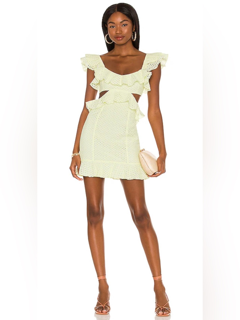 Majorelle Revolve Ruffle Eyelet Cutout Mini Dress Yellow Festival Coastal S
